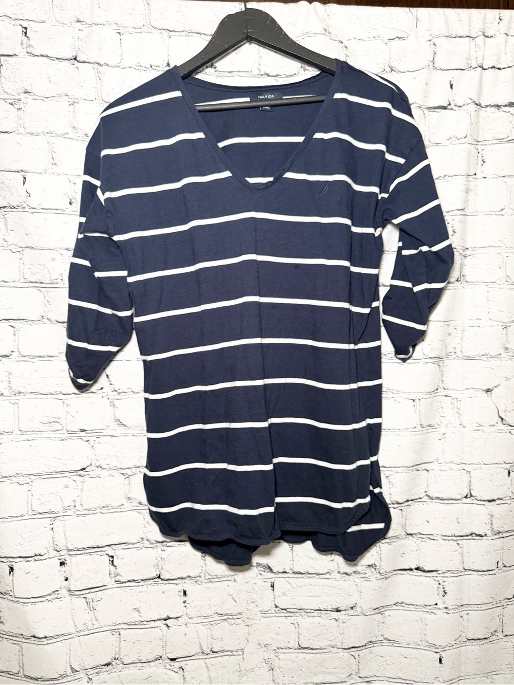 Nautica Women's Navy & White Striped V-Neck Top. Size M